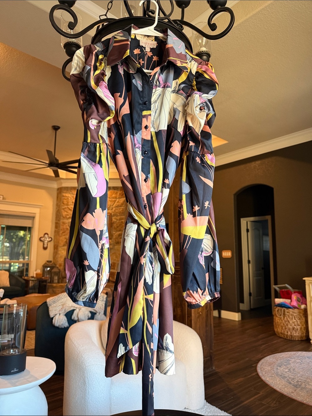 Ruffled Tie-Waist Floral Shirt Dress - Black Multi